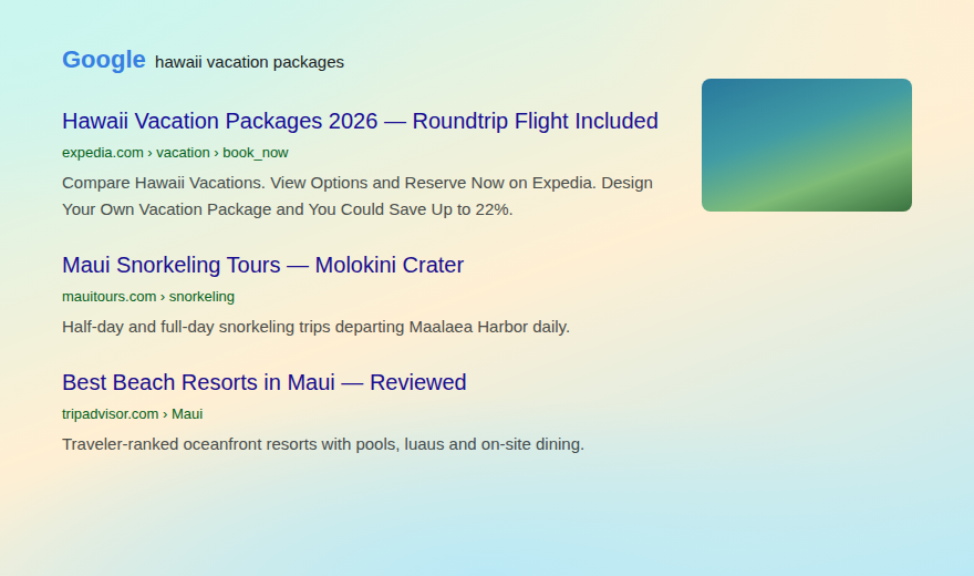 The same search results page washed in warm sand and turquoise, the text and layout unchanged.