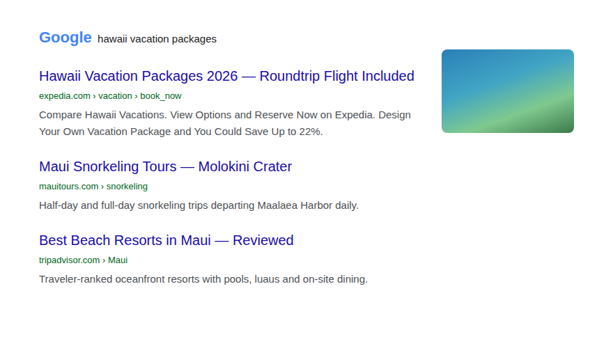 A search results page for hawaii vacation packages, with ordinary white background.