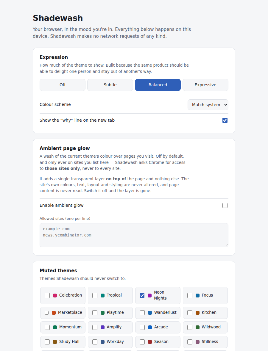The top of the Shadewash settings page: expression level from Off to Expressive, a colour scheme selector, and the ambient page glow section with its allowed-sites list.